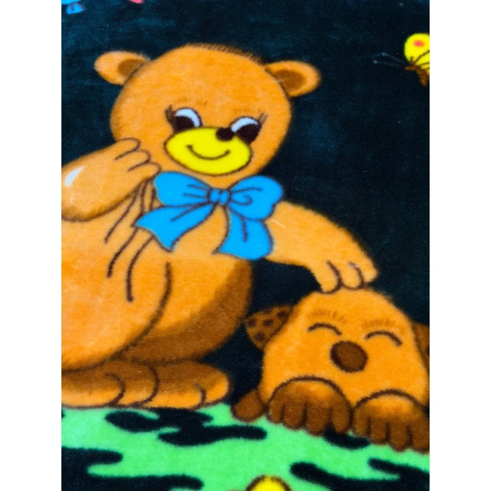 Vintage Teddy Bear Puppy Plush Mink Style Fleece Blanket Forest Green Kidcore